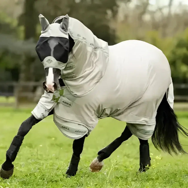 A light gray lemieux arika armour-tek super lightweight breathable horse fly mask with black face covering and straps