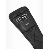 Black leather lemieux arika contoured dressage girth with three silver buckles and small brand tag