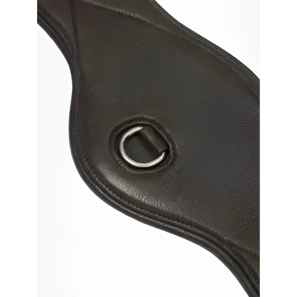 Black leather dressage girth pad with silver metal d-ring for lemieux arika contoured bent contoured dressage use