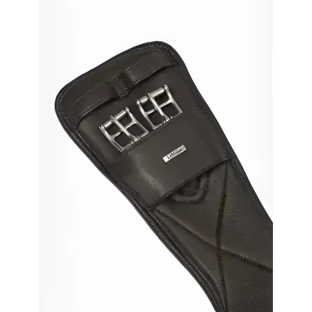 Black leather lemieux arika contoured dressage girth with silver buckles and brown brand plaque for bent contoured use