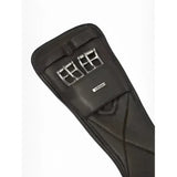 Black leather lemieux arika contoured dressage girth with silver buckles and brown brand plaque for bent contoured use