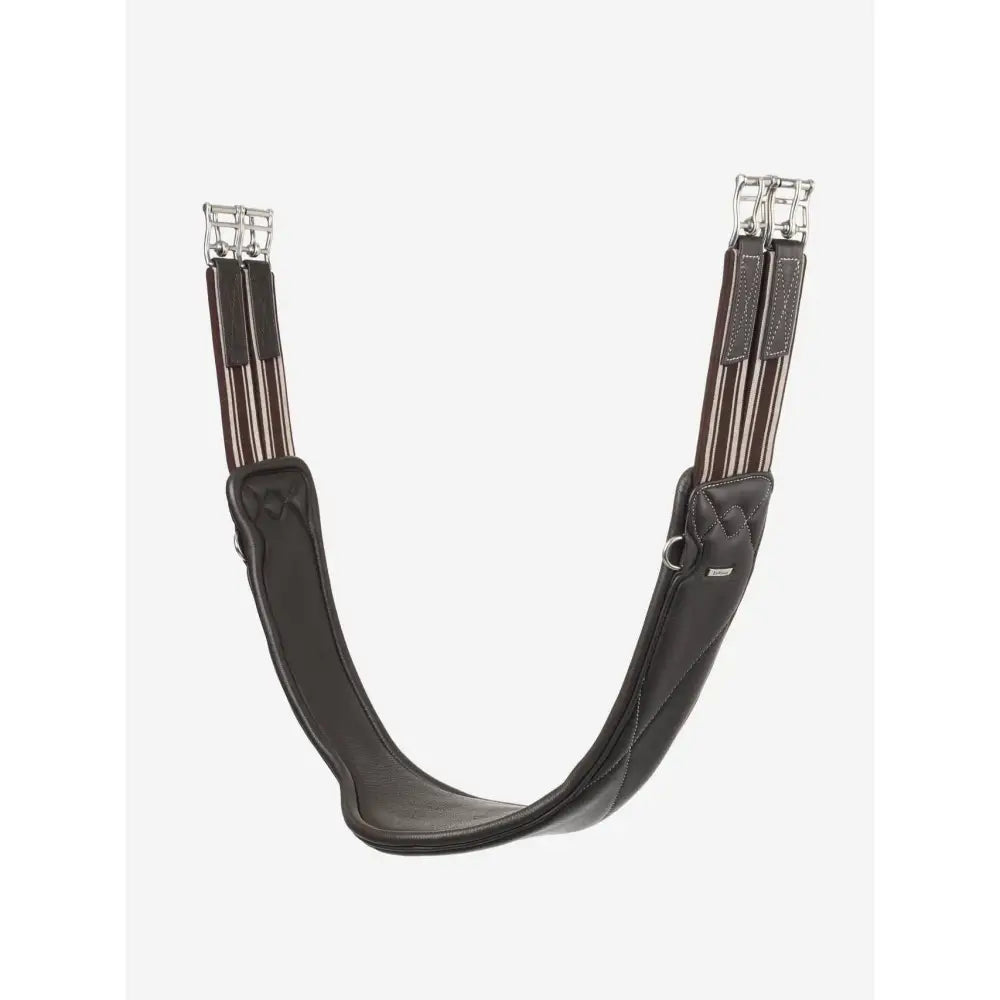 Black leather lemieux arika contoured long girth with silver buckles and detailed stitching in brown tone