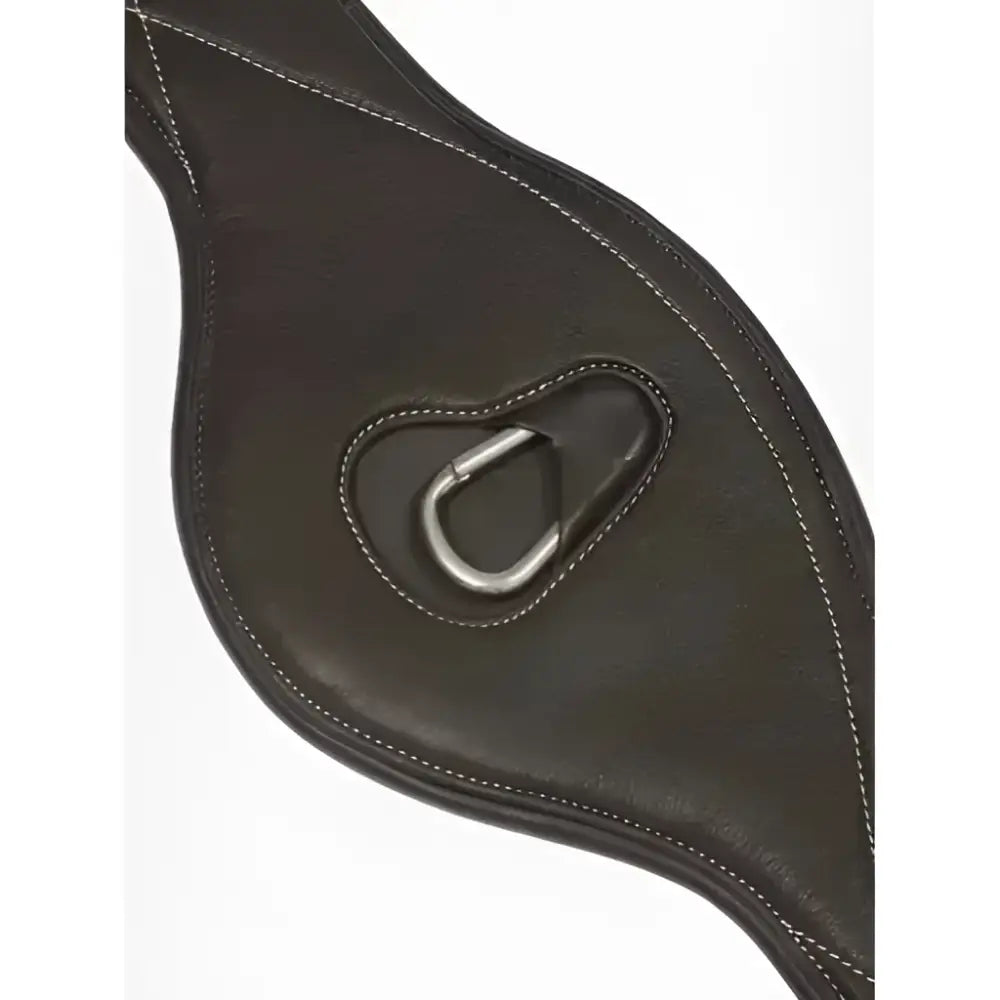 Dark brown leather lemieux arika contoured long girth with silver metal carabiner clip in center for secure fit