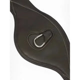 Dark brown leather lemieux arika contoured long girth with silver metal carabiner clip in center for secure fit
