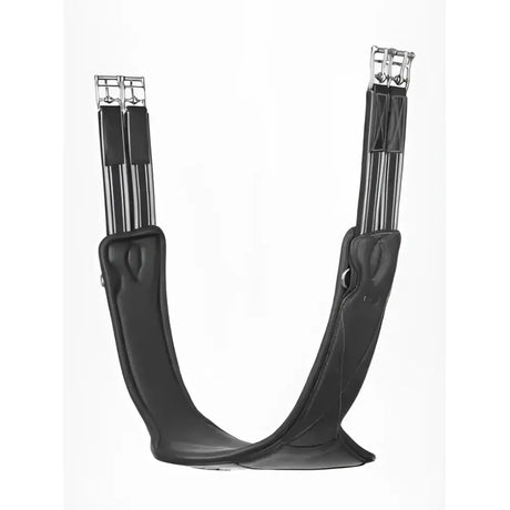 Black leather horse saddle pad with silver metal buckles and reinforced stitching.