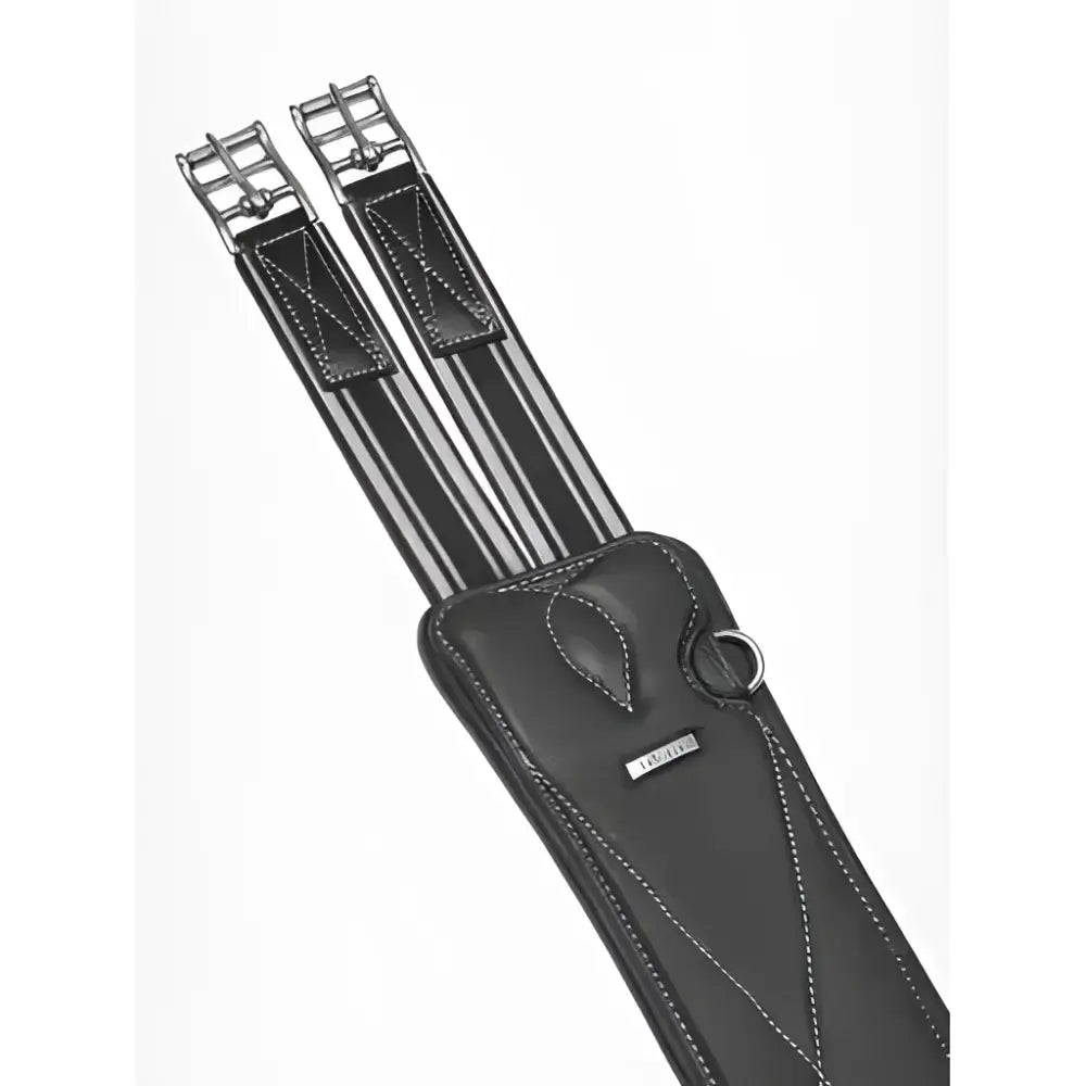 Black leather lemieux arika contoured long stud girth black with silver buckles and striped inner lining