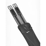 Black leather lemieux arika contoured long stud girth black with silver buckles and striped inner lining