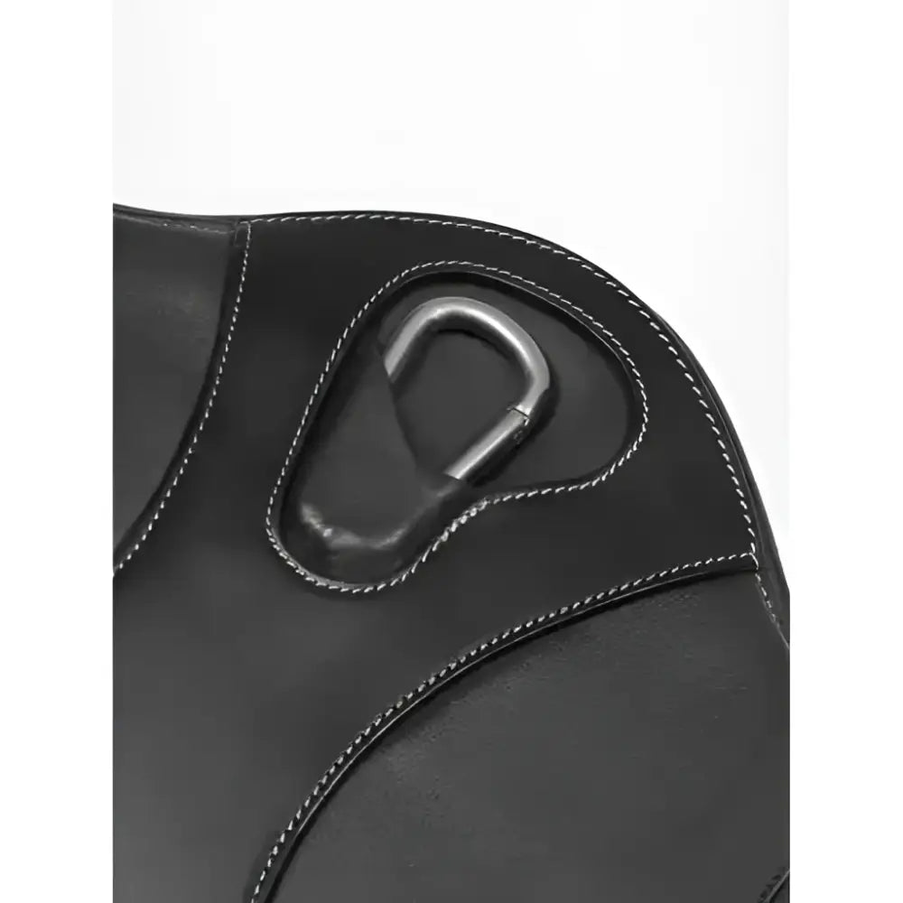 Black leather saddle pad with silver carabiner clip from lemieux arika contoured long stud girth black product