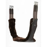 Brown faux fur-lined lemieux arika contoured long stud girth with black leather straps and silver metal buckles