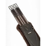 Brown leather lemieux arika contoured long stud girth with faux fur lining and silver metal buckles