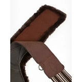Brown leather lemieux arika contoured stud girth brown with plush dark fur trim and striped fabric strap