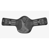 Black leather horse saddle pad with diamond logo and adjustable straps shown with lemieux arika contoured short stud girth black