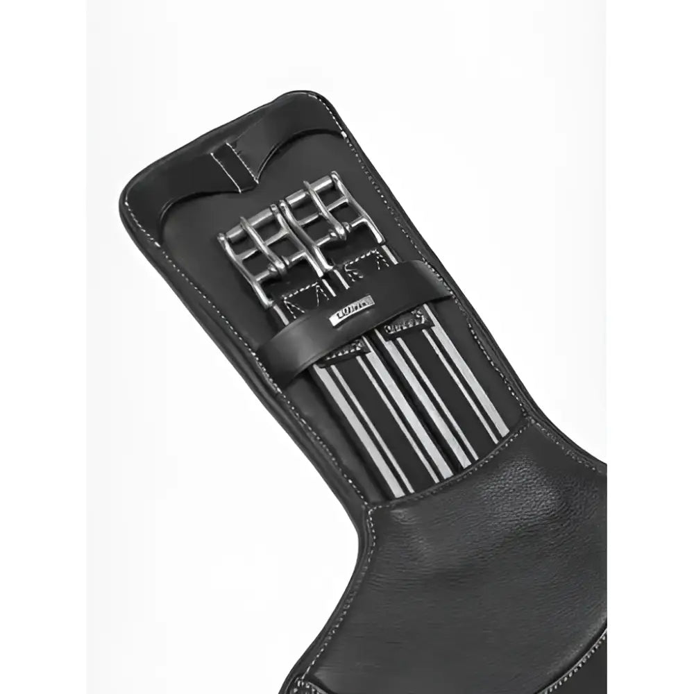 Black leather lemieux arika contoured short stud girth with silver buckles and striped fabric inserts in stud girth black