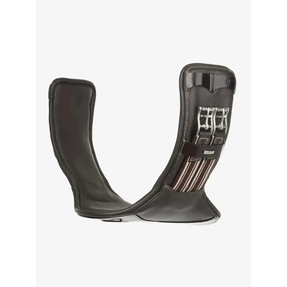 Black leather lemieux arika contoured short stud girth brown with silver buckles and striped fabric accents