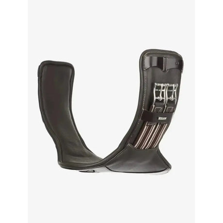 Black leather lemieux arika contoured short stud girth brown with silver buckles and striped fabric accents