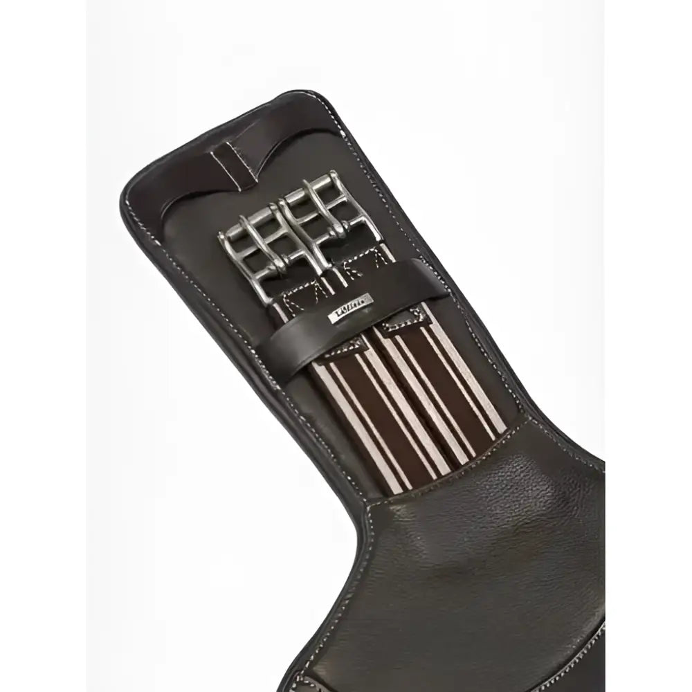Black leather horse saddle pad with silver buckles and striped panel for lemieux arika contoured short stud girth brown