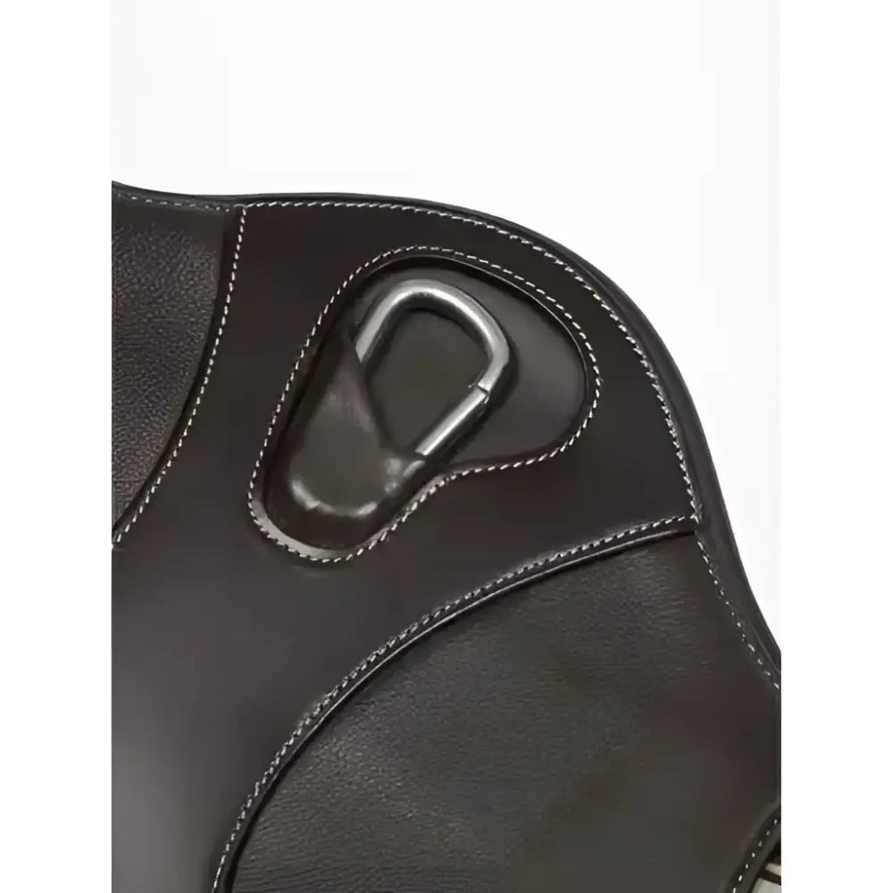 Black leather saddle pad with silver carabiner clip shown with lemieux arika contoured short stud girth brown