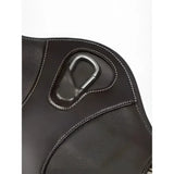 Black leather saddle pad with silver carabiner clip shown with lemieux arika contoured short stud girth brown