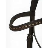 Black leather lemieux arika dressage bridle with silver fittings and rectangular studs on the browband