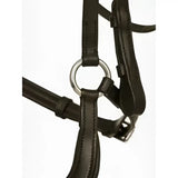 Black leather lemieux arika drop bridle with anatomically shaped browband and silver metal buckle in brown silver
