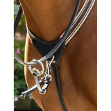 Lemieux arika elasticated breastplate black with soft leather pad silver hardware and white striped accents on horse bridle