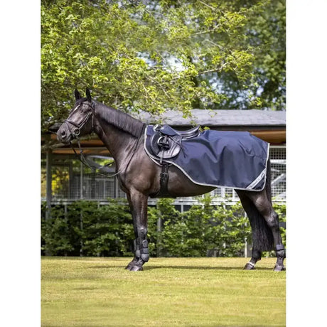 Navy blue lemieux arika exercise sheet with white trim black straps and loop tape closure over saddle pad