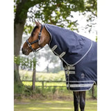 Navy blue lemieux arika featherweight neck cover 0g with white trim and silver buckles for arika storm-tek turnout