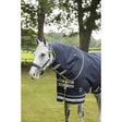 Navy blue lemieux arika featherweight neck cover with white trim and reflective strips for arika storm-tek turnout