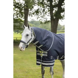 Navy blue lemieux arika featherweight neck cover with white trim and reflective strips for arika storm-tek turnout