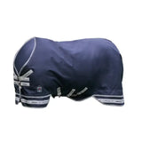 Navy blue lemieux arika featherweight waterproof horse rug with silver trim and branded straps beta innovation gold