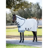 Lemieux arika field rug in white with black trim and adjustable straps designed for sleek equestrian use