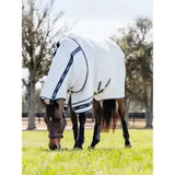 White lemieux arika field rug with navy blue trim and lohmann branding along edges perfect as a field rug white