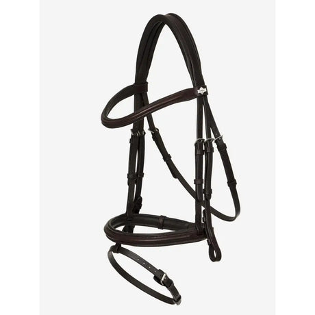 Black leather lemieux arika flash bridle with silver hardware and diamond brand emblem made from supple oiled leather
