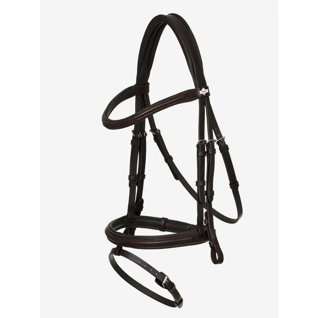 Black leather lemieux arika flash bridle with silver hardware and diamond brand emblem made from supple oiled leather