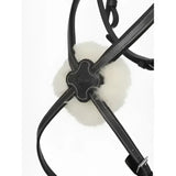 Black leather lemieux arika grackle bridle worn higher with a fluffy white fur accent at the central buckle