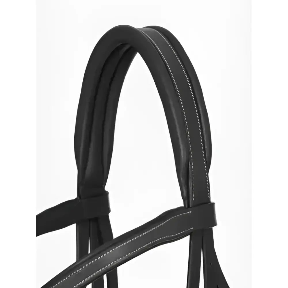 Black leather arika grackle bridle by lemieux arika with white stitching worn higher for a sleek look