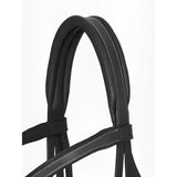Black leather arika grackle bridle by lemieux arika with white stitching worn higher for a sleek look