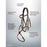 Brown soft oiled leather arika grackle bridle with light padding and removable wool noseband pad worn higher style
