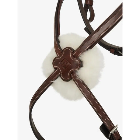 Brown leather lemieux havana silver arika grackle bridle strap with white fur padding and stitched detailing worn higher