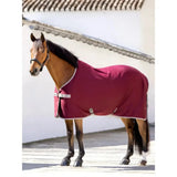 Maroon lemieux arika jersey-tek fleece horse blanket with white trim and silver buckles for lightweight warmth