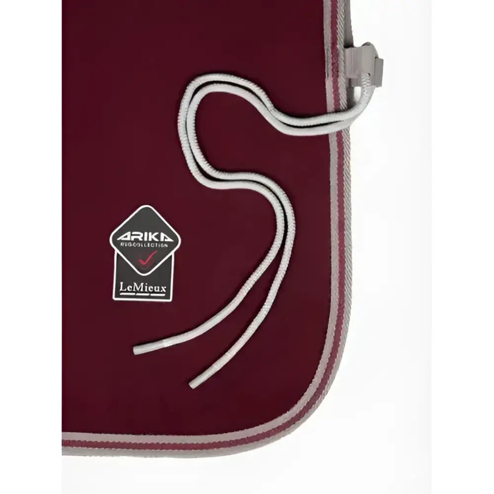 Maroon lemieux arika jersey-tek fleece pouch with white drawstring gray zipper pull and diamond arika label