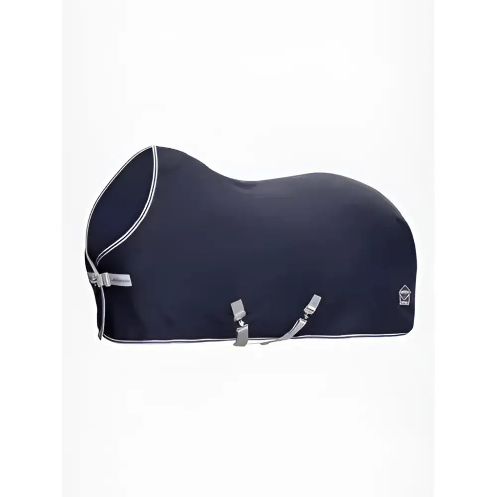 Navy blue lemieux arika jersey fleece rug with white trim silver buckles and practical textured lining