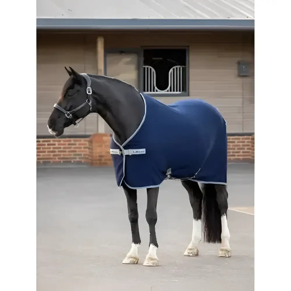 Navy lemieux arika jersey fleece rug with white trim and practical textured lining for warmth and comfort