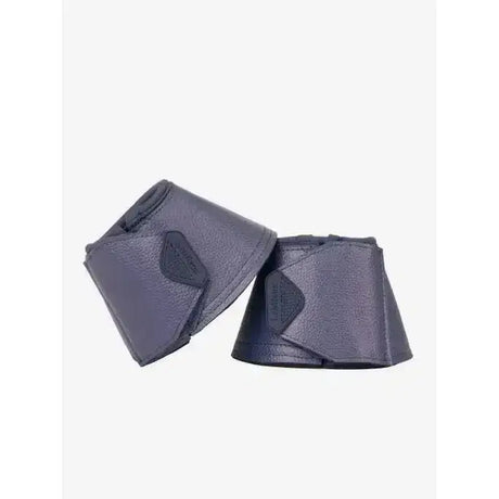 Dark blue leather lemieux arika reach boots dusk with black velcro straps and embossed branding on the back side