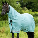 A light teal lemieux arika ripstop turnout rug lagoon with hood black buckles and anti static shoulder lining