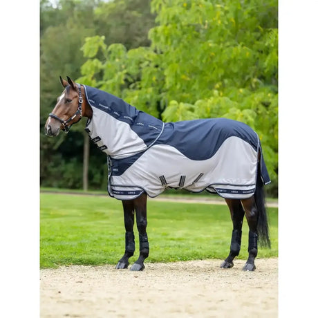 Navy and gray two-tone lemieux arika shower-tek fly rug with black straps and silver hardware for horse protection