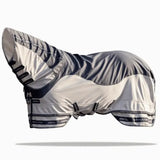 Gray and white lemieux arika shower-tek fly rug with black trim and adjustable straps for horse protection