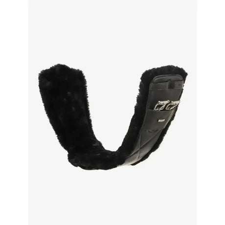 Black faux fur lined quilted leather horse saddle pad with silver buckles shown with lemieux arika simuwool girth