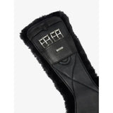 Black leather lemieux arika simuwool contoured dressage girth with plush fur trim and silver metal buckles