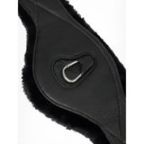 Black leather horse saddle pad with plush fur lining and silver d-ring in lemieux arika simuwool contoured style